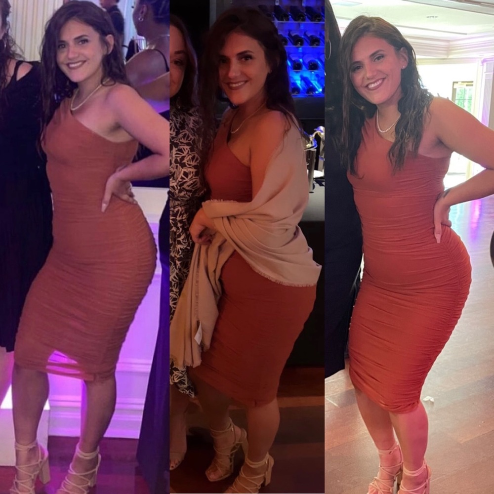 Lulu’s Already RSVP'd Rust Brown Ruched One-
Shoulder Bodycon Dress